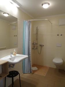 a bathroom with a sink and a shower and a toilet at Hotel Karl's Burg in Kolpinsee