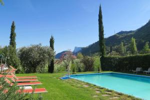 a swimming pool in a garden with mountains in the background at Hotel Burgleitenhof in Lana