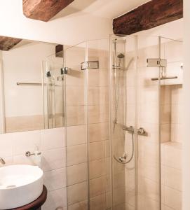 La salle de bains est pourvue d'une douche et d'un lavabo. dans l'établissement Inselresort Wilhelmstein, à Steinhude