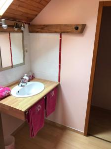 La salle de bains est pourvue d'un lavabo et d'un miroir. dans l'établissement Mountain Vacances - Maison Rachou, à Lanne-en-Barétous 