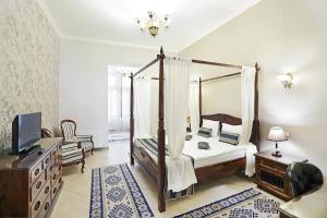 a bedroom with a canopy bed and a television in it at Hotel Regal 1880 - Boutique Hotel in Parcul Central Sinaia in Sinaia