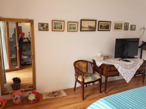 a room with a mirror and a table with a television at Verada Tour Guest House in Somova