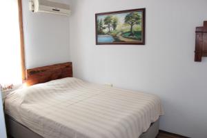 a white bedroom with a bed with a picture on the wall at Tuncay Pension in Selcuk