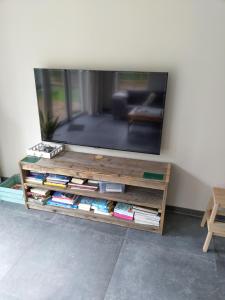 a flat screen tv sitting on top of a wooden entertainment center at Appartement boerderij met paarden in Oost-Souburg