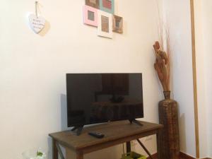 TV de pantalla plana sentada en una mesa con un jarrón en El Salat, alojamientos rurales en Guadalest