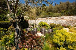 a garden with potted plants and a stone wall at B&B Il Parco in Monterosso al Mare