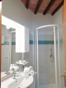 uma casa de banho com um lavatório e um chuveiro em Camera La Margherita em San Quirico dʼOrcia