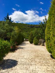 a cobblestone walkway with bushes and a blue sky at Mouses Apartments-Kardamyli in Kardamili