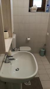 La salle de bains est pourvue d'un lavabo blanc et de toilettes. dans l'établissement La casa di Perpy Ivrea centro storico, à Ivrea
