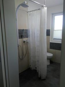 a bathroom with a shower curtain and a toilet at Ferienwohnung im Haus Böll in Feldberg +17 photos