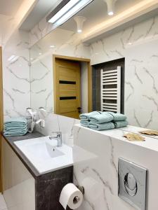 La salle de bains est pourvue d'un lavabo et d'un miroir. dans l'établissement D&M Apart Interior Styles, à Białystok