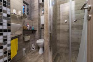 a bathroom with a toilet and a shower at Grey Orchid Apartment - studio in Budapest