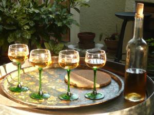 four wine glasses on a tray with a bottle of wine at LES TERRES BASSES in Fabrezan