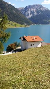 a house on a hill next to a body of water at Naglerhof in Curon Venosta