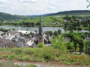 ein kleines Dorf mit einer Kirche und einem Fluss in der Unterkunft FeWo Ingrid Trossen in Ürzig