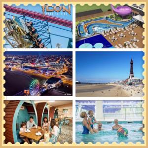 eine Collage mit Bildern eines Strandes und eines Wasserparks in der Unterkunft Marton mere in Blackpool