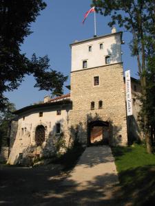 a large stone building with a flag on top of it at Zamek Korzkiew in Korzkiew