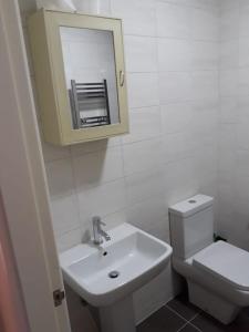 a bathroom with a sink and a toilet and a mirror at Denny Guests House / Green Lane in Liverpool