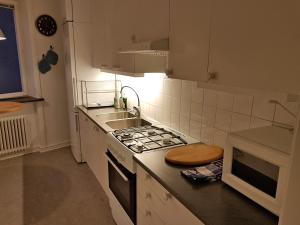 Il comprend une cuisine équipée d'une cuisinière. - un four supérieur à côté d'un évier dans l'établissement City Apartments Triangeln, à Malmö