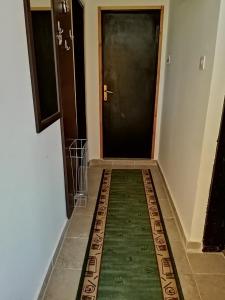 a hallway with a door and a green rug on the floor at Apartman Nikocevic in Dobra Voda