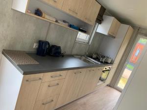 a small kitchen with wooden cabinets and a sink at Mobilheim Murnersee Haus 5 in Wackersdorf