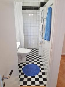 bagno con servizi igienici e tappeto blu di City Apartments Triangeln a Malmö