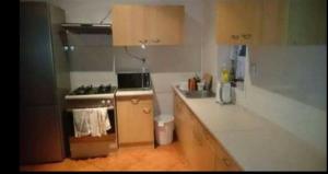 a small kitchen with a stove and a sink at Rooms in the apartment-center in Košice