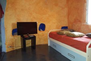 a bedroom with a bed and a television on a table at Casa-Cueva Nijar in Níjar