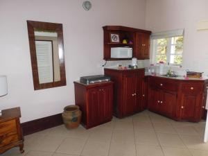 
a kitchen with a sink, stove, and cabinets at La Haut Resort in Soufrière
