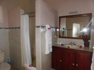 a bathroom with a sink and a shower with a mirror at La Haut Resort in Soufrière