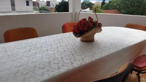 a vase of red flowers sitting on a table at Guesthouse Ada in Bar