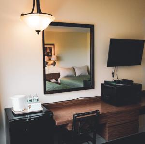 a bedroom with a bed and a mirror on the wall at Kings Landing in Homer