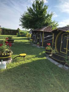 a yard with a small house and a yellow table at Angelinin Konak in Negotin