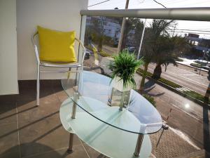 uma mesa de vidro e uma cadeira com um vaso de plantas em Coco Lodge Paracas em Paracas