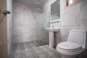 a bathroom with a toilet and a sink at Built in Garage Jeju in Jeju