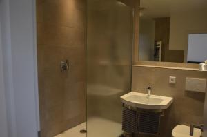 La salle de bains est pourvue d'un lavabo et d'une douche. dans l'établissement Weingut Erbes-Henn, à Ürzig