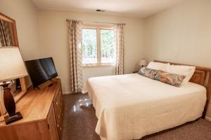 Schlafzimmer mit einem Bett, einem TV und einem Fenster in der Unterkunft Secluded Harbor Springs Condo in Harbor Springs