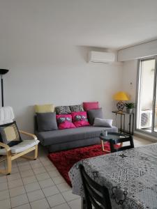 a living room with a gray couch with colorful pillows at Tee 4 in Nîmes