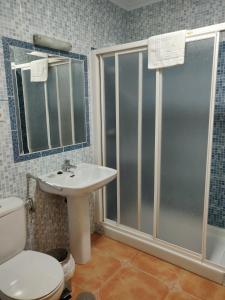 a bathroom with a shower and a sink and a toilet at Hotel La Posada in La Palma