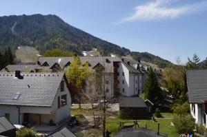 a village with houses and mountains in the background at Apartment Viki in Kranjska Gora