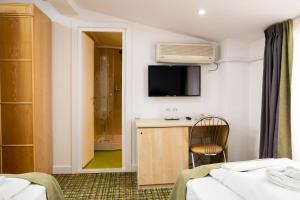 a hotel room with a bed and a desk and a tv at Vila Turistica Casa Gabriela in Bucharest