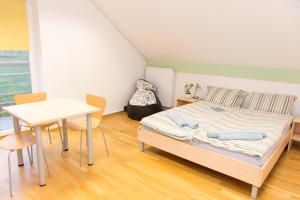 Dormitorio pequeño con cama y mesa en Apartma Murania, en Lendava
