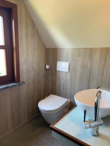 a bathroom with a toilet and a sink at B&B Decoster in Zuienkerke