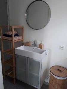 ein Badezimmer mit einem weißen Waschbecken und einem Spiegel in der Unterkunft Appartement Hareter in Neusiedl am See