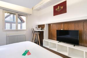 a living room with a tv and a bed at Hôtel de l'Europe by HappyCulture in Strasbourg