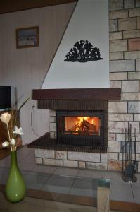 sala de estar con chimenea y chimenea en Ferienhaus Waldblick, en Siegmundsburg