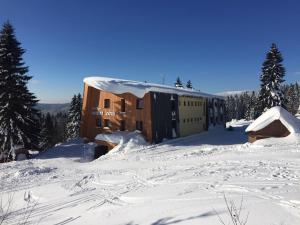 a building on a snow covered mountain in the snow w obiekcie Pension Horske Zatisi w mieście Horni Misecky