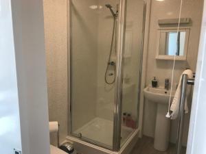 a bathroom with a shower and a sink at The Sherborne Lodge in Ilfracombe