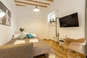 ein Wohnzimmer mit einem Bett und einem Flachbild-TV in der Unterkunft Balcones de CANDELARIA by Cadiz4Rentals in Cádiz