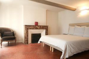 um quarto com uma cama e uma lareira em Maison Alberta em Aix-en-Provence